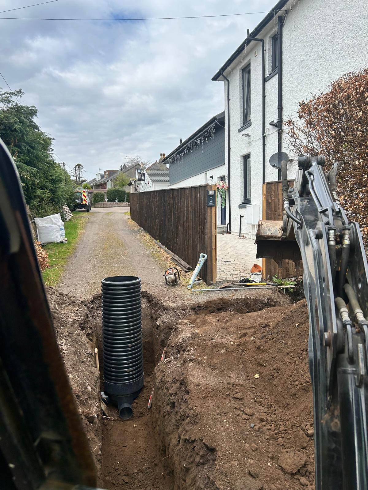 Soakaway crate installation with geotextile wrapping, Perthshire